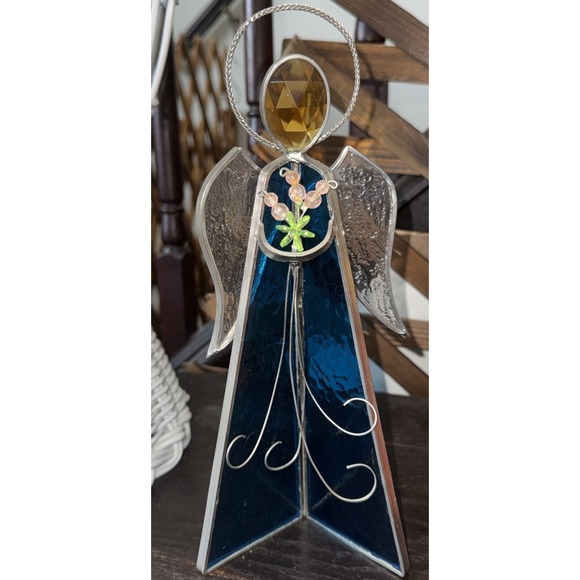 The Unbranded Brand Other - Vintage Blue Stained Glass Angel Figurine Glass  10.50" X 4"